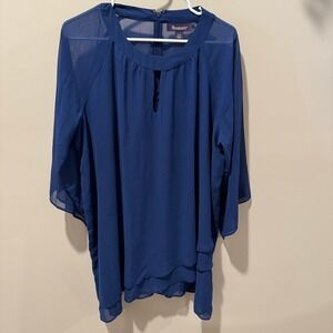 Roaman's Women's Plus Size 16W Blue Chiffon Blouse‎ Keyhole Neckline Party Top